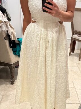 Women's Aqua Cream Lace Midi Dress with Cutout Waist